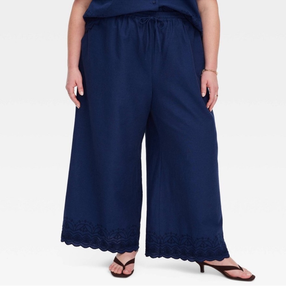 Roller Rabbit x Target Navy Wide-Leg Embroidered Hem Pants Plus Size